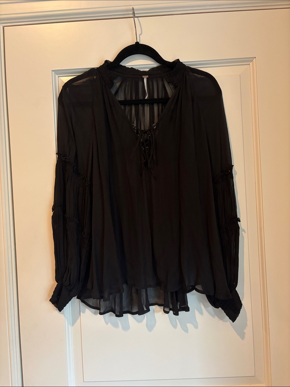 Free People Black Sheer Lace-Up Top Long Sleeve Size XS